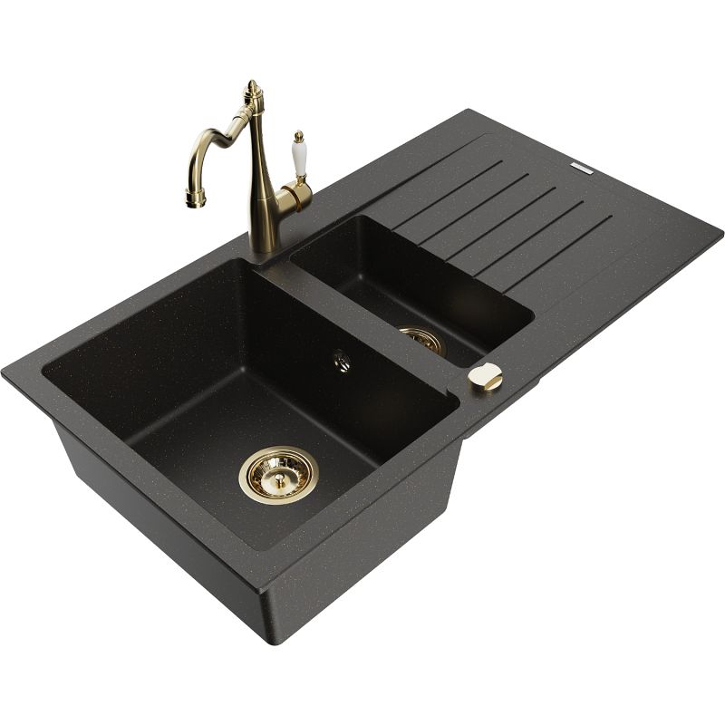 Granitsænke Mexen Matias 1,5-kammer med afløbsplade og Carla køkkenarmatur i sort/guld metalik, 1 sæt