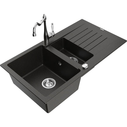 Granitsænke Mexen Matias 1,5-kammer med afløbsplade og Carla køkkenarmatur i sort/guldmetallic, 1 sæt