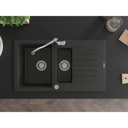 Granitsænke Mexen Matias 1,5-kammer med afløbsplade og Carla køkkenarmatur i sort/guldmetallic, 1 sæt