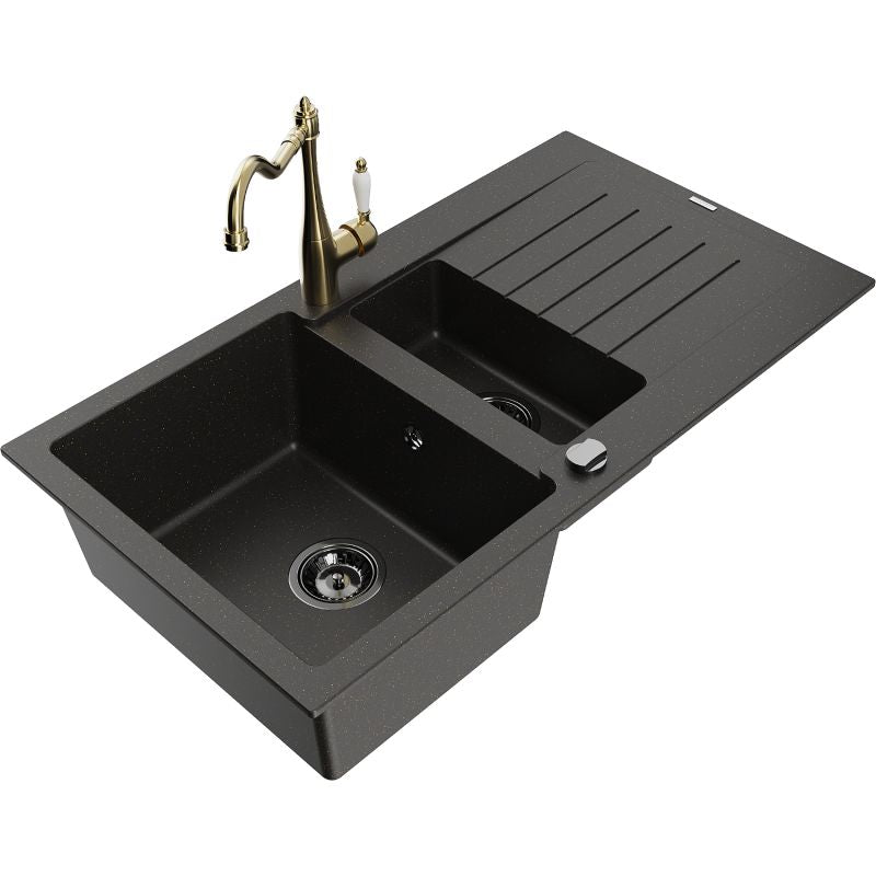 Mexen Matias granitvask 1,5-kammer med afløbsplade og Carla køkkenarmatur i sort/guld metalik, 1 sæt