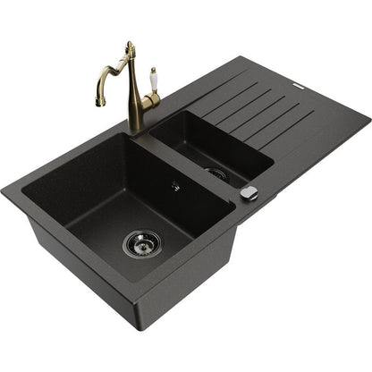 Mexen Matias granitvask 1,5-kammer med afløbsplade og Carla køkkenarmatur i sort/guld metalik, 1 sæt