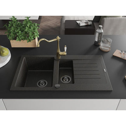 Mexen Matias granitvask 1,5-kammer med afløbsplade og Carla køkkenarmatur i sort/guld metalik, 1 sæt