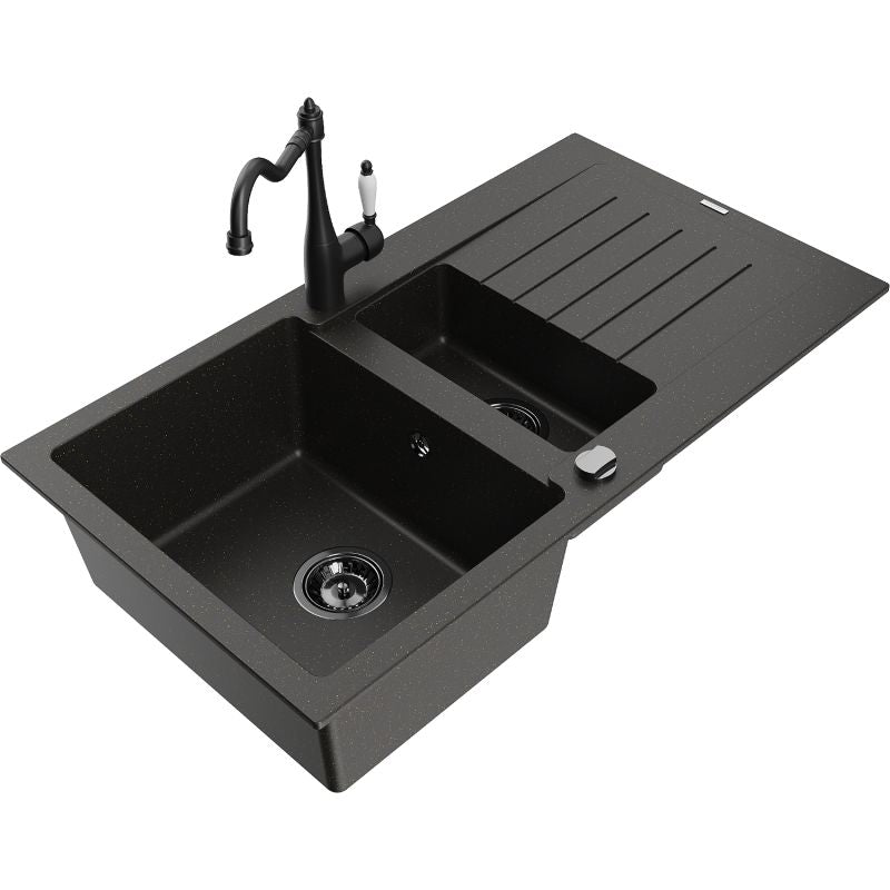 Mexen Matias granitvask 1,5-kammer med afløbsplade og Carla køkkenarmatur i sort/guldmetallic, 1 sæt