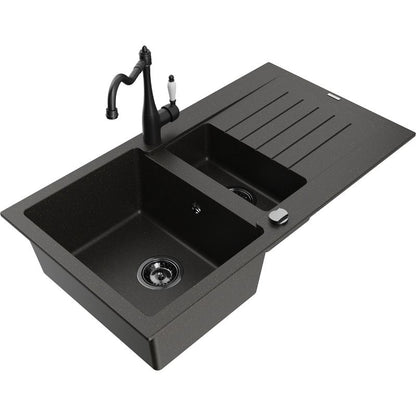 Mexen Matias granitvask 1,5-kammer med afløbsplade og Carla køkkenarmatur i sort/guldmetallic, 1 sæt