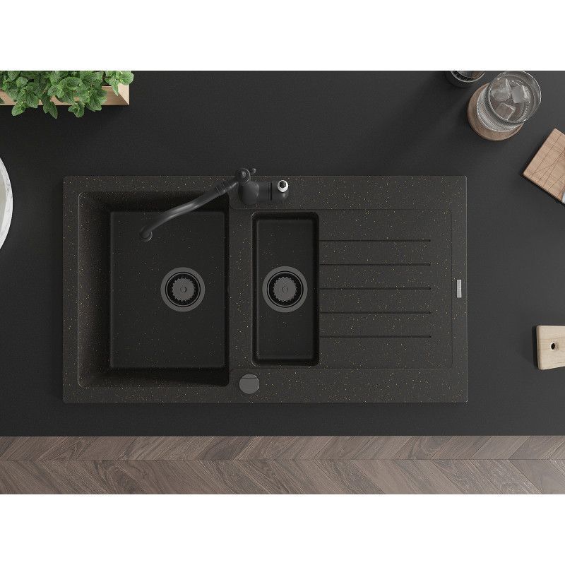 Mexen Matias granitvask 1,5-kammer med afløbsplade og Carla køkkenarmatur i sort/guldmetallic, 1 sæt