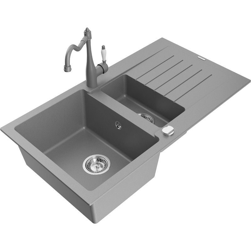 Mexen Matias granitsænke 1,5-kammers med afløbsplade og Carla køkkenarmatur grå 1 sæt