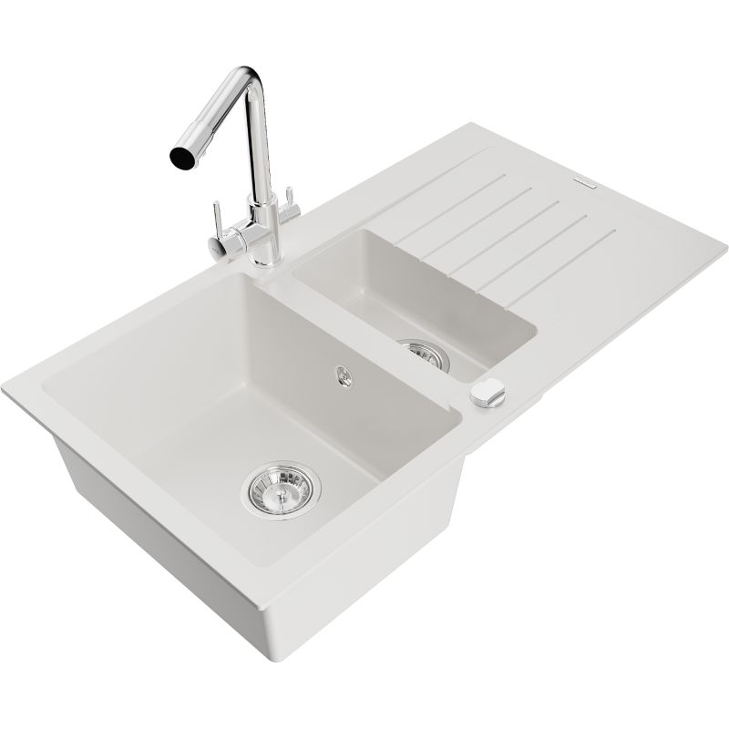 Mexen Matias granitvask 1,5-kammer med afløbsplade og Duero køkkenarmatur i hvid, 1 sæt