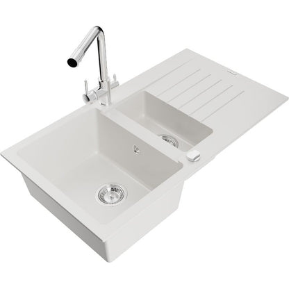 Mexen Matias granitvask 1,5-kammer med afløbsplade og Duero køkkenarmatur i hvid, 1 sæt