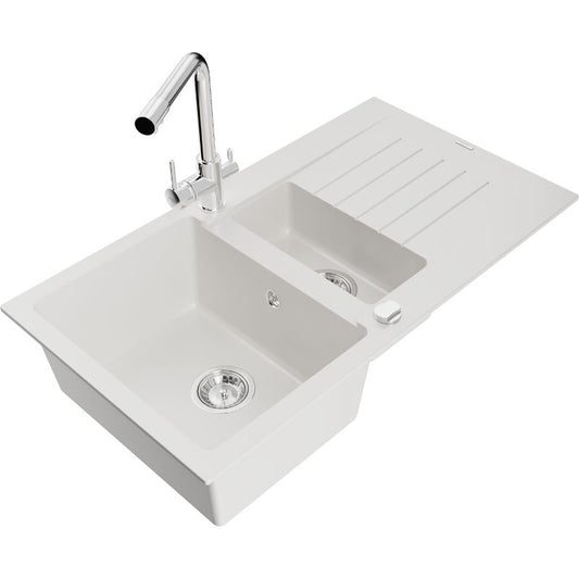 Mexen Matias granitvask 1,5-kammer med afløbsplade og Duero køkkenarmatur i hvid, 1 sæt