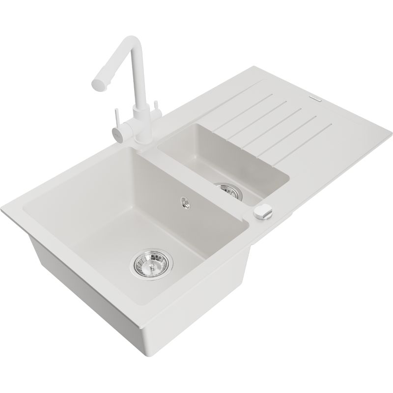 Granitsænke 1,5-kammers Mexen Matias med afløbsplade og Duero køkkenarmatur, hvid, 1 sæt