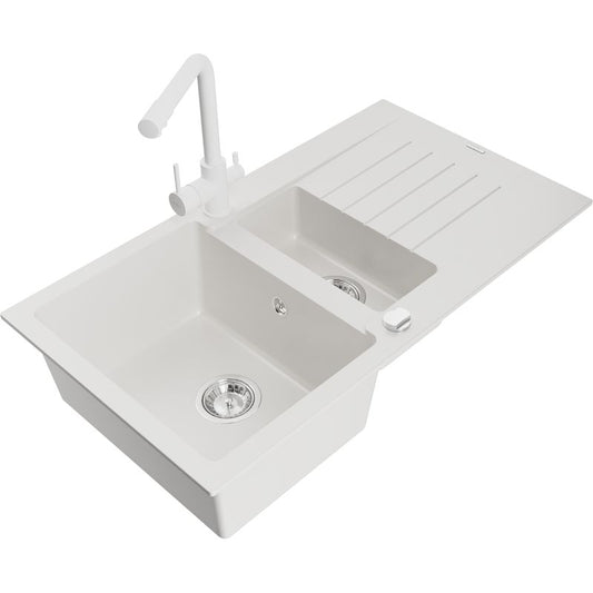 Granitsænke 1,5-kammers Mexen Matias med afløbsplade og Duero køkkenarmatur, hvid, 1 sæt