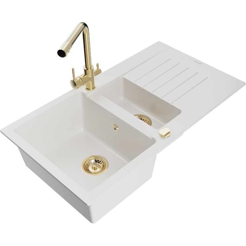 Granitsæbe 1,5-kammer Mexen Matias med afløbsplade og Duero køkkenarmatur, hvid, 1 sæt