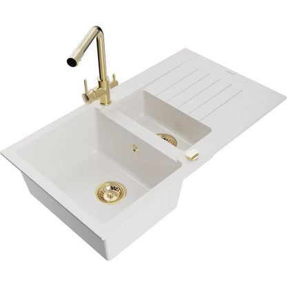 Granitsæbe 1,5-kammer Mexen Matias med afløbsplade og Duero køkkenarmatur, hvid, 1 sæt