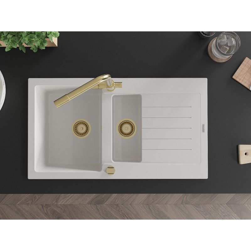 Granitsæbe 1,5-kammer Mexen Matias med afløbsplade og Duero køkkenarmatur, hvid, 1 sæt