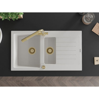 Granitsæbe 1,5-kammer Mexen Matias med afløbsplade og Duero køkkenarmatur, hvid, 1 sæt