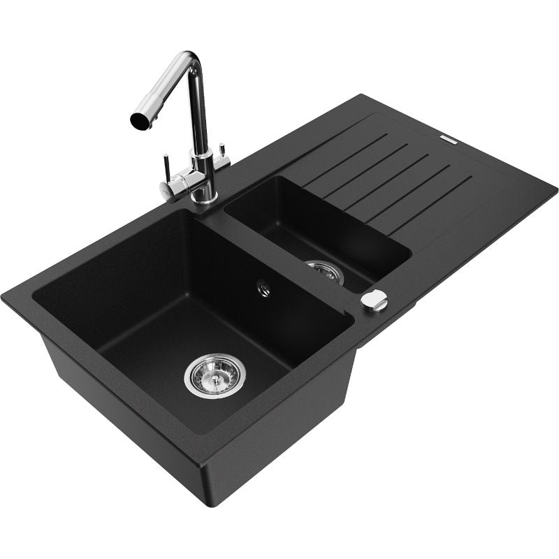 Granitsænke 1,5-kammer Mexen Matias med afløbsbakke og Duero køkkenarmatur i sort, 1 sæt