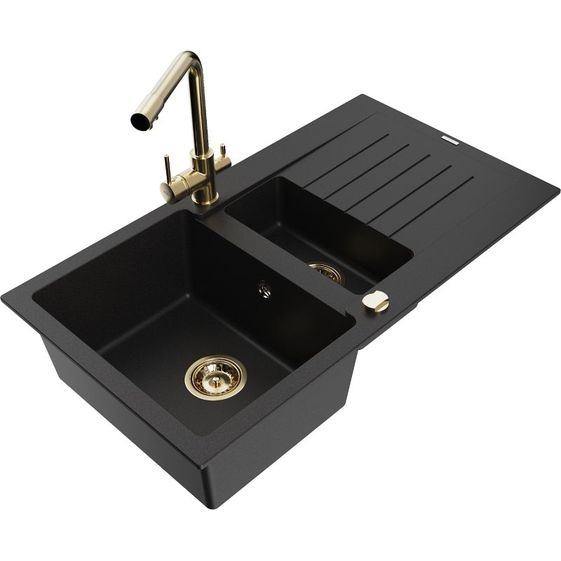 Mexen Matias granitsænke 1,5-kammer med afløbsplade og Duero køkkenarmatur i sort, 1 sæt