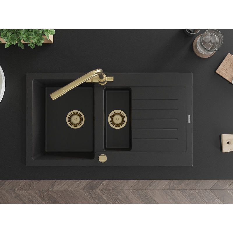 Mexen Matias granitsænke 1,5-kammer med afløbsplade og Duero køkkenarmatur i sort, 1 sæt