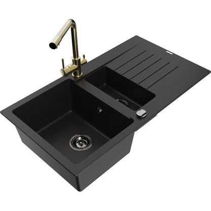 Mexen Matias granitvask 1,5-kammer med afløbsplade og Duero køkkenarmatur i sort, 1 sæt