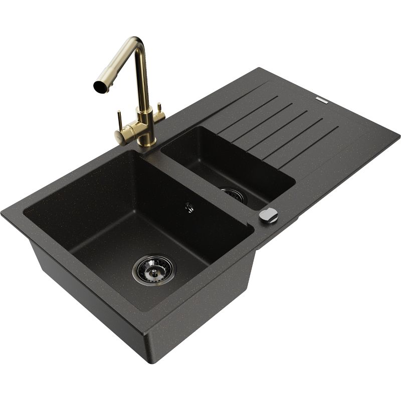 Mexen Matias granitvask 1,5-kammer med afløbsplade og Duero køkkenarmatur i sort/guld, 1 sæt
