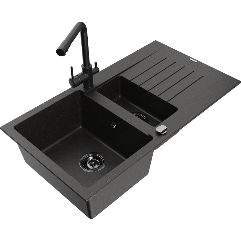 Mexen Matias granitvask 1,5-kammers med afløbsplade og Duero køkkenarmatur i sort/guld, 1 sæt