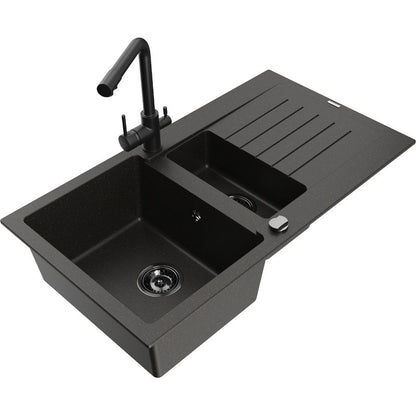 Mexen Matias granitvask 1,5-kammers med afløbsplade og Duero køkkenarmatur i sort/guld, 1 sæt