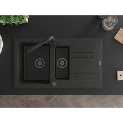 Mexen Matias granitvask 1,5-kammers med afløbsplade og Duero køkkenarmatur i sort/guld, 1 sæt