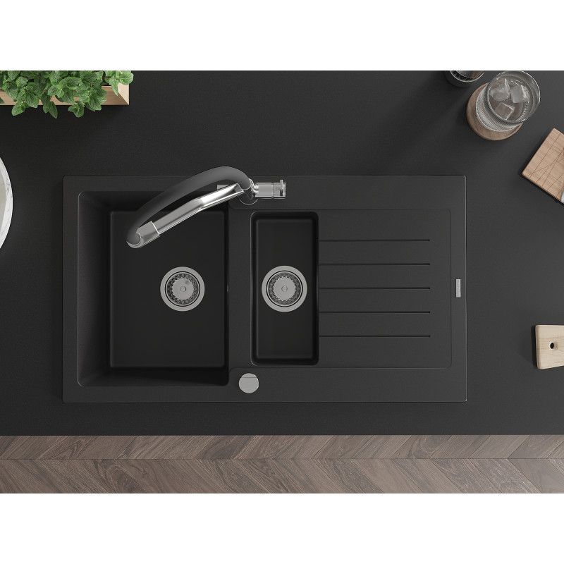 Granitsænke 1,5-kammer Mexen Matias med afløbsplade og Duo køkkenarmatur, sort, 1 sæt