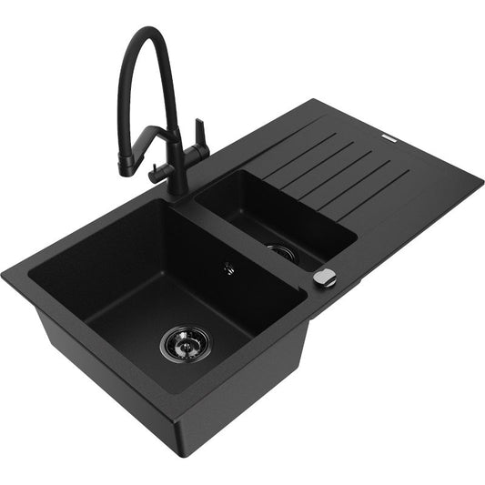 Granitsænke 1,5-kammer Mexen Matias med afløbsbakke og Duo køkkenarmatur, sort, 1 sæt