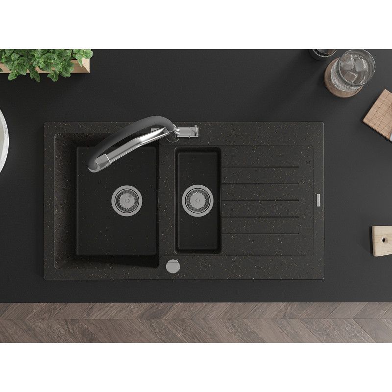 Mexen Matias granitvask 1,5 kammer med afløbsplade og Duo køkkenarmatur i sort/guld metalik, 1 sæt