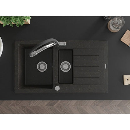 Mexen Matias granitvask 1,5 kammer med afløbsplade og Duo køkkenarmatur i sort/guld metalik, 1 sæt
