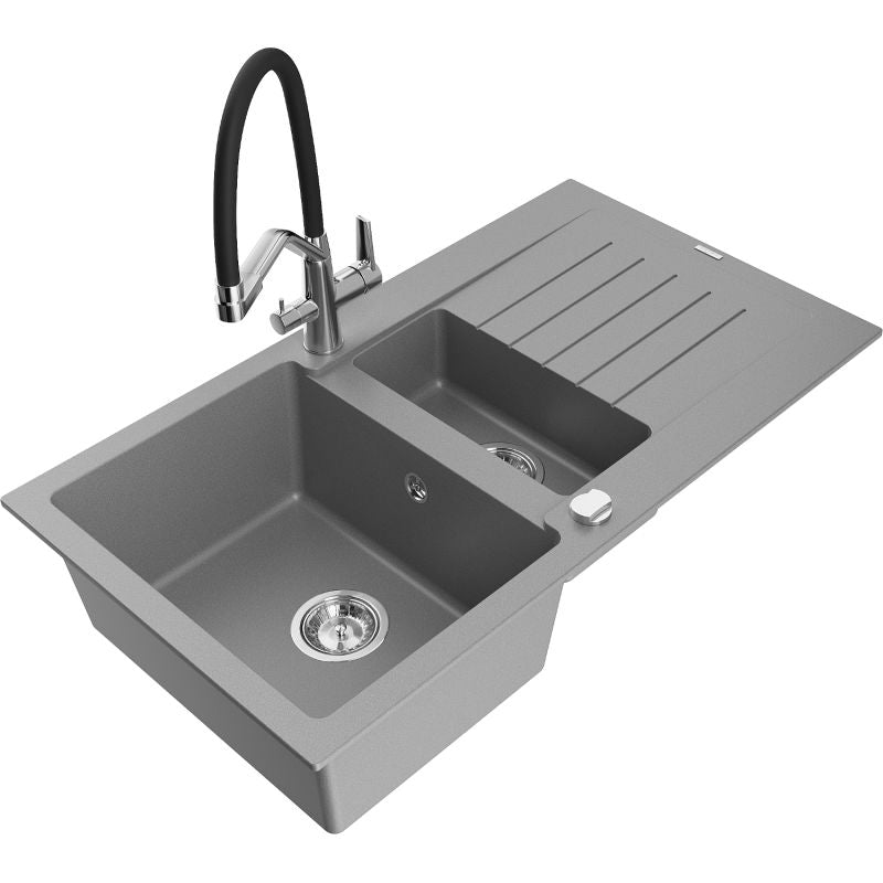Granitsænke 1,5-kammer Mexen Matias med afløbsplade og Duo køkkenarmatur, grå, 1 sæt