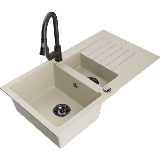 Granitsænke Mexen Matias 1,5-kammers med afløbsplade og Elia køkkenarmatur i beige, 1 sæt