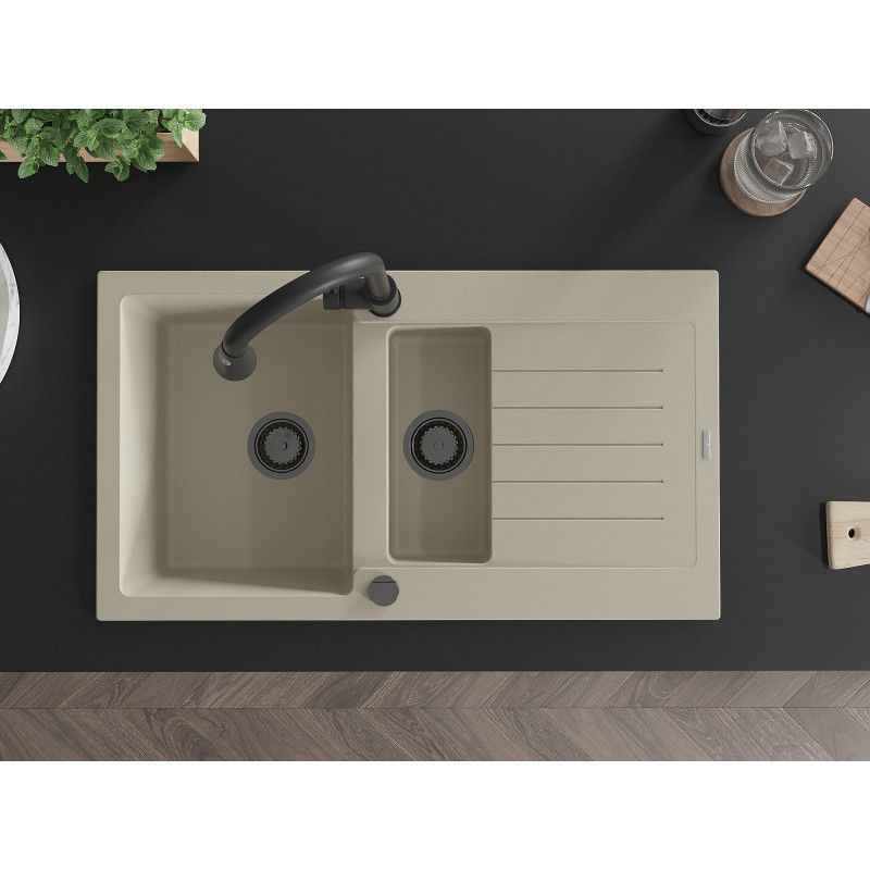 Granitsænke Mexen Matias 1,5-kammers med afløbsplade og Elia køkkenarmatur i beige, 1 sæt