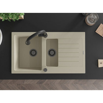 Granitsænke Mexen Matias 1,5-kammers med afløbsplade og Elia køkkenarmatur i beige, 1 sæt