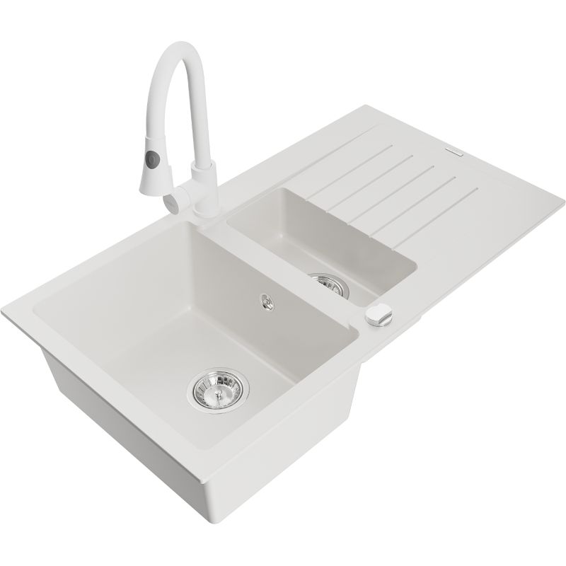 Granitsænke Mexen Matias 1,5-kammer med afløb og Elia køkkenarmatur, hvid, 1 sæt
