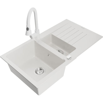 Granitsænke Mexen Matias 1,5-kammer med afløb og Elia køkkenarmatur, hvid, 1 sæt