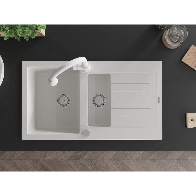 Granitsænke Mexen Matias 1,5-kammer med afløb og Elia køkkenarmatur, hvid, 1 sæt