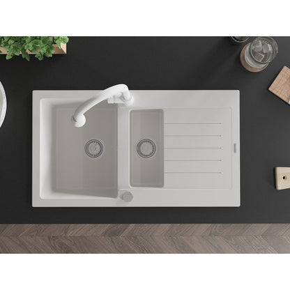 Granitsænke Mexen Matias 1,5-kammer med afløb og Elia køkkenarmatur, hvid, 1 sæt