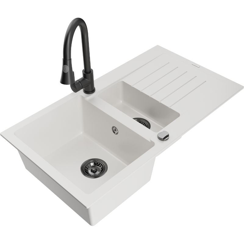 Mexen Matias granitvask 1,5-kammer med afløbsplade og Elia køkkenarmatur, hvid, 1 sæt