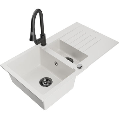 Mexen Matias granitvask 1,5-kammer med afløbsplade og Elia køkkenarmatur, hvid, 1 sæt