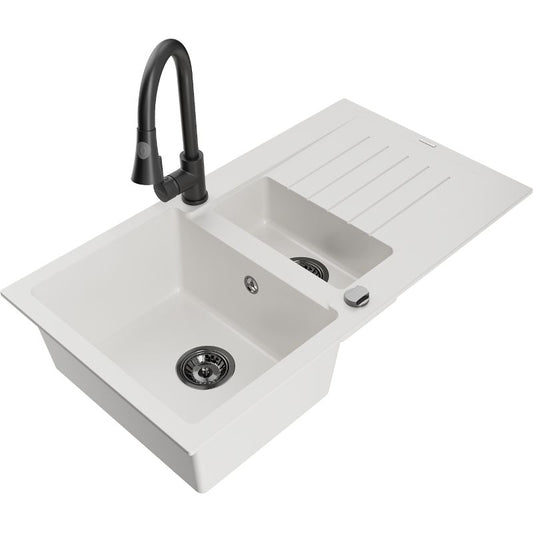 Mexen Matias granitvask 1,5-kammer med afløbsplade og Elia køkkenarmatur, hvid, 1 sæt