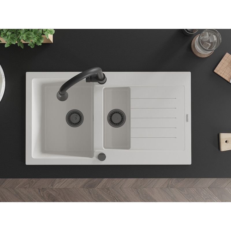 Mexen Matias granitvask 1,5-kammer med afløbsplade og Elia køkkenarmatur, hvid, 1 sæt