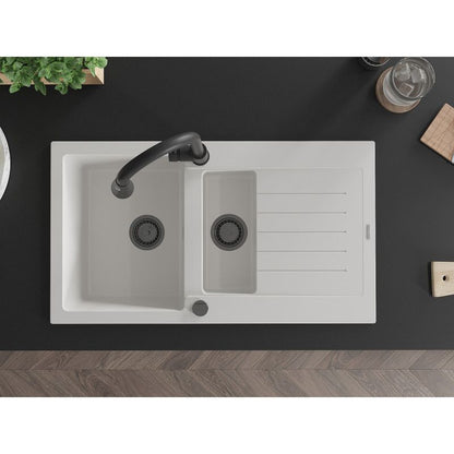 Mexen Matias granitvask 1,5-kammer med afløbsplade og Elia køkkenarmatur, hvid, 1 sæt
