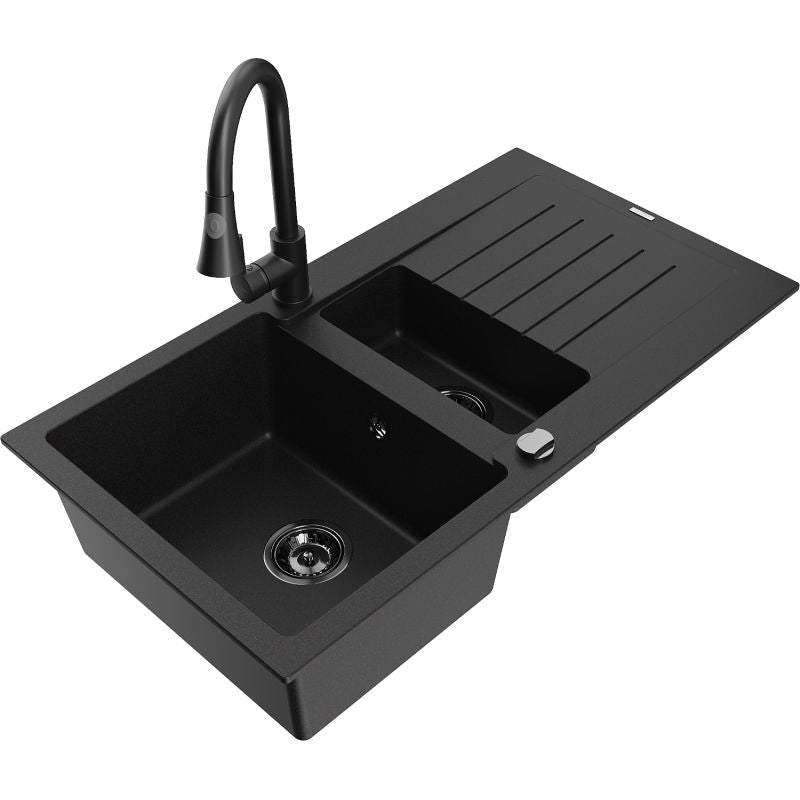 Granitsænke Mexen Matias 1,5-kammer med afløbsplade og sort køkkenarmatur Elia, 1 sæt