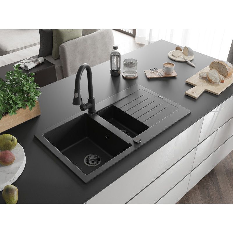 Granitsænke Mexen Matias 1,5-kammer med afløbsplade og sort køkkenarmatur Elia, 1 sæt