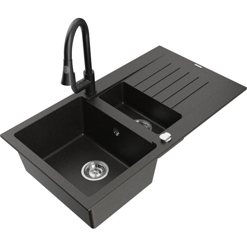 Mexen Matias granitvask 1,5-kammer med afløbsplade og Elia køkkenarmatur i sort/guld metalik, 1 sæt