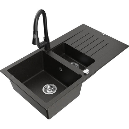 Mexen Matias granitvask 1,5-kammer med afløbsplade og Elia køkkenarmatur i sort/guld metalik, 1 sæt