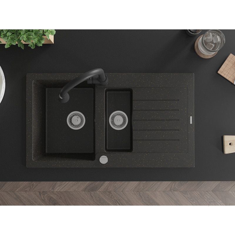 Mexen Matias granitvask 1,5-kammer med afløbsplade og Elia køkkenarmatur i sort/guld metalik, 1 sæt