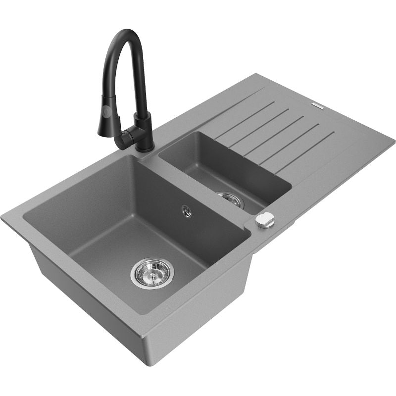 Granitsænke Mexen Matias 1,5-kammer med afløbsplade og Elia køkkenarmatur i grå, 1 sæt